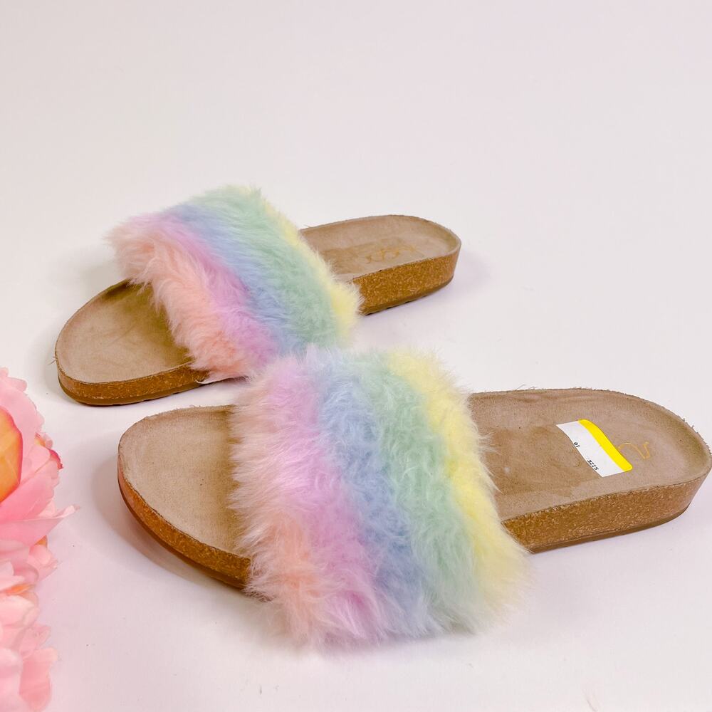 Sugar Bravoes Fuzzy Tie Dye Open Toe Slide Sandals Pastel Rainbow size 10 NEW - Picture 2 of 11